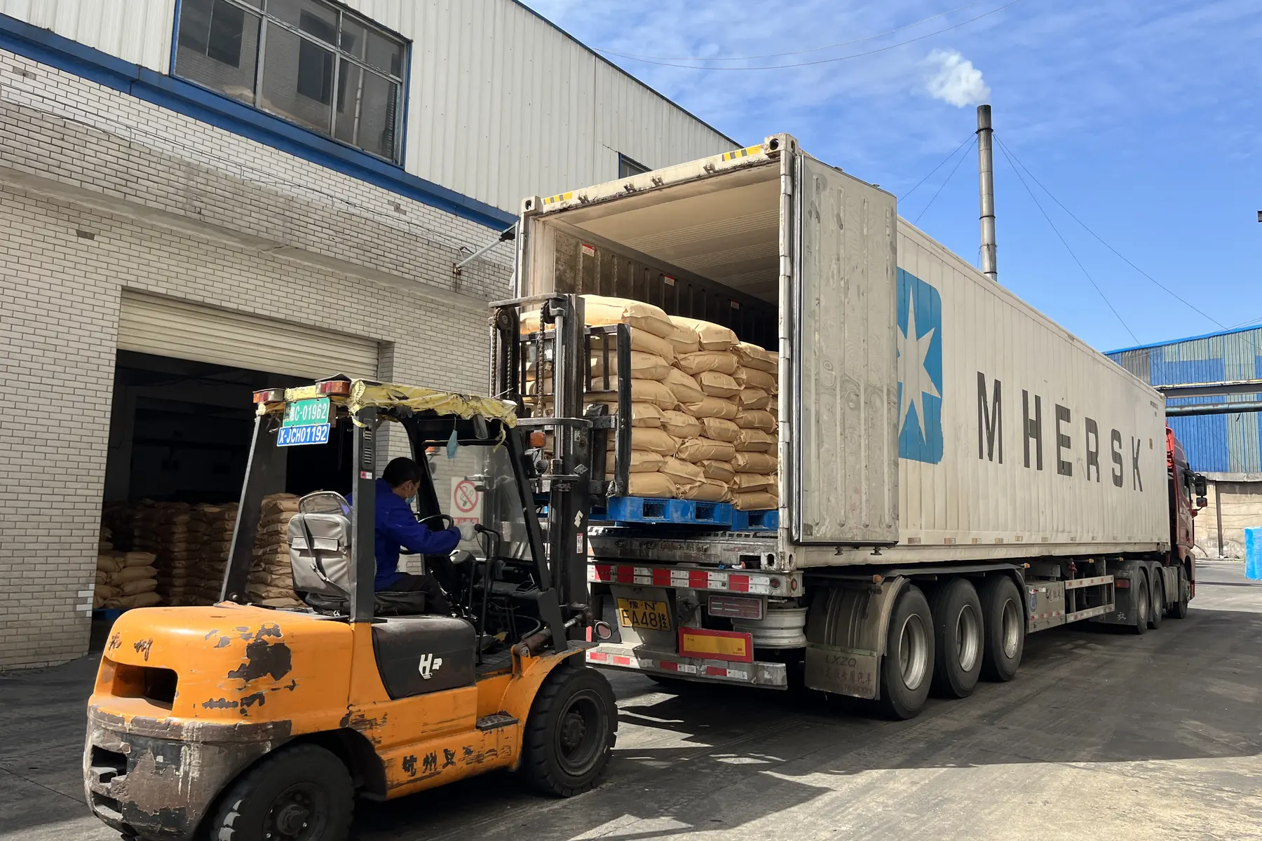 Forklift loading pallets of 25 kg CMC bags into a container